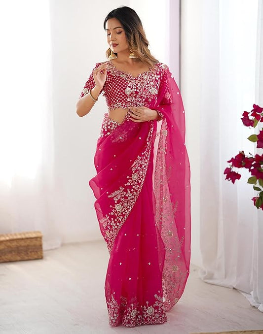 Women's Organza Sequence Embroidery Saree With Unstitched Blouse Piece