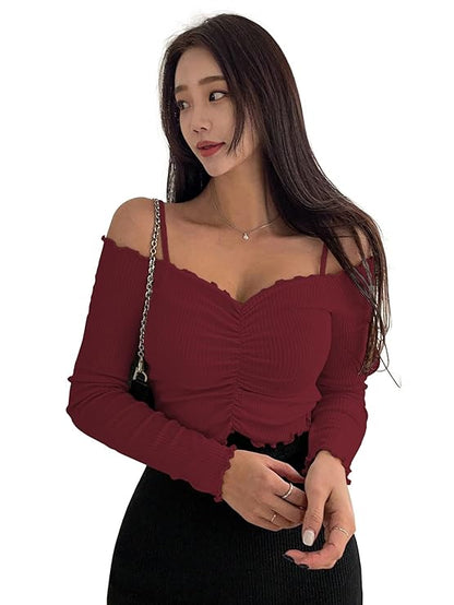 Women's Purple Solid Colour Open Cold Off Shoulder Long Sleeve Lettuce Hem Casual Autumn Trim Tight- Slim Fitting Ruched Front Ladies' Camisole Top, Tee, T-Shirt