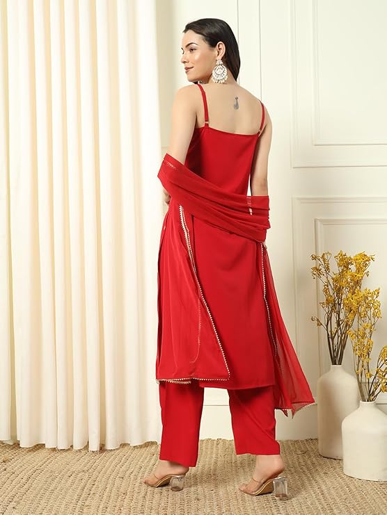 Women's Red Crepe Kurta and Palazzo Set with Matching Dupatta