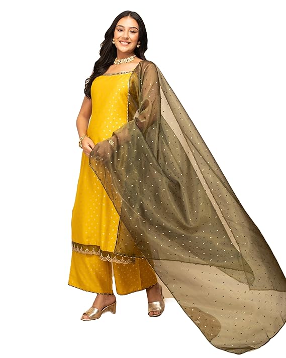 Yellow Silk Blend Straight Kurta with Palazzo and Dupatta