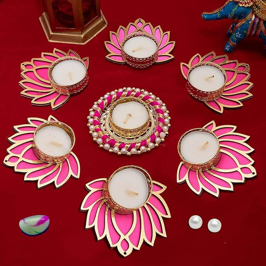 Handmade 7 Pc Pink Lotus Chudi Diya Rangoli Candles With Wax For Diwali Ganesh Chaturthi Laxmi Pooja Home Temple Rangoli Diya Floor Decoration