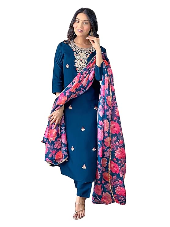 Rayon Embroidered and Printed Straight Kurta with Pant and Dupatta Sets