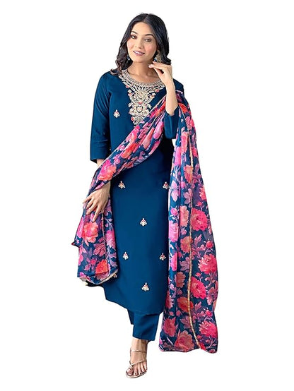 Rayon Embroidered and Printed Straight Kurta with Pant and Dupatta Sets