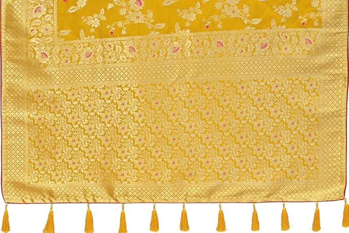 Women's Banarasi Silk Blend Zari Woven Work With Tussles Saree and Embroidered Work Blouse Piece