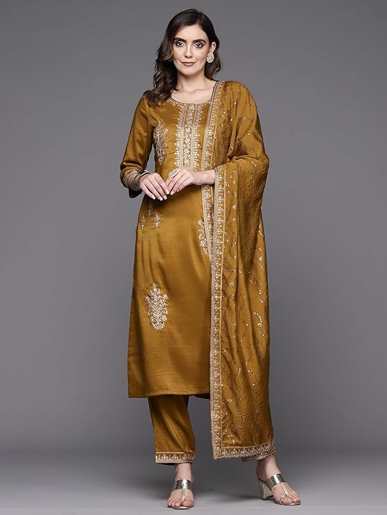 Women's Cotton Blend Embroidered Straight Kurta & Pant with Dupatta Set