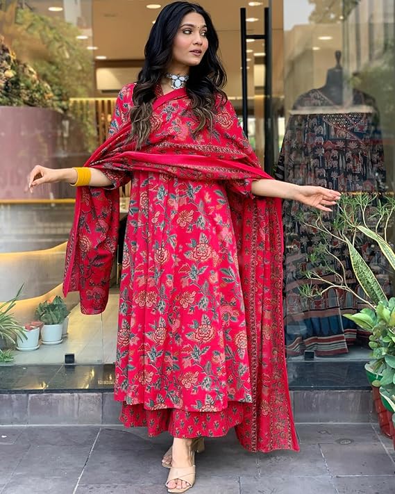 Rayon Viscose Anarkali Printed Kurta with Palazzo & Dupatta