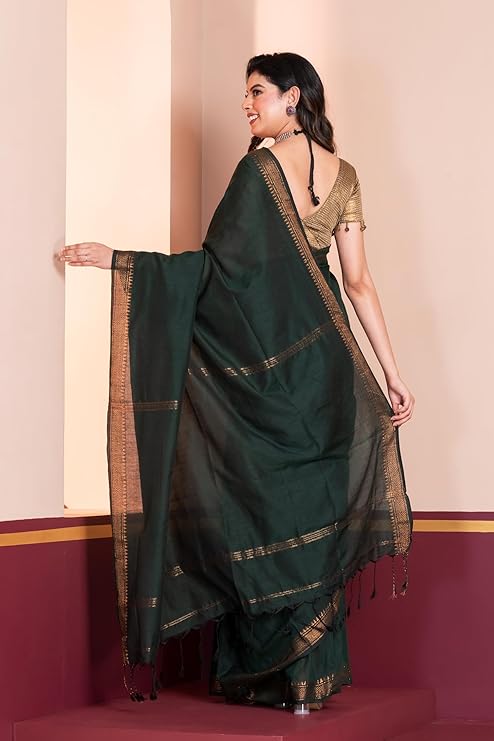 Khadi Cotton Saree for Women with Zari Gold Temple Border & Contrast Blouse Piece | Handwoven Traditional Elegant Saree