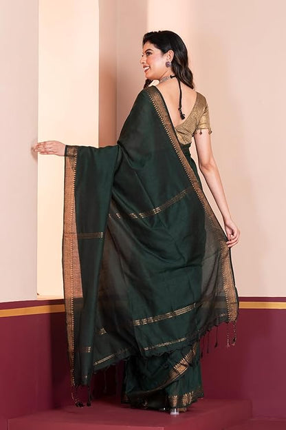 Khadi Cotton Saree for Women with Zari Gold Temple Border & Contrast Blouse Piece | Handwoven Traditional Elegant Saree