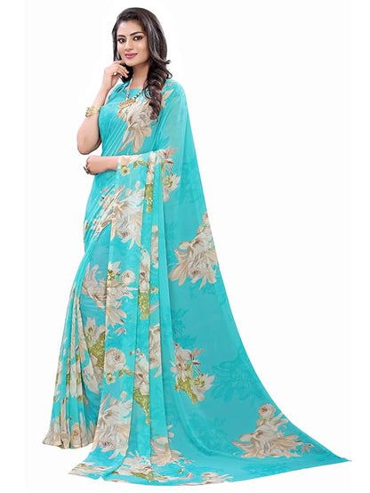 Women's Georgette Printed Saree With Blouse Piece