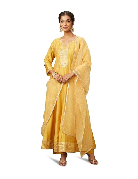 Embroidered Anarkali Kurta Pant Set with Organza Dupatta