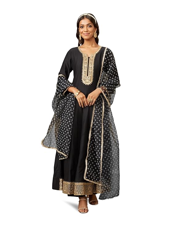 Embroidered Anarkali Kurta Pant Set with Organza Dupatta