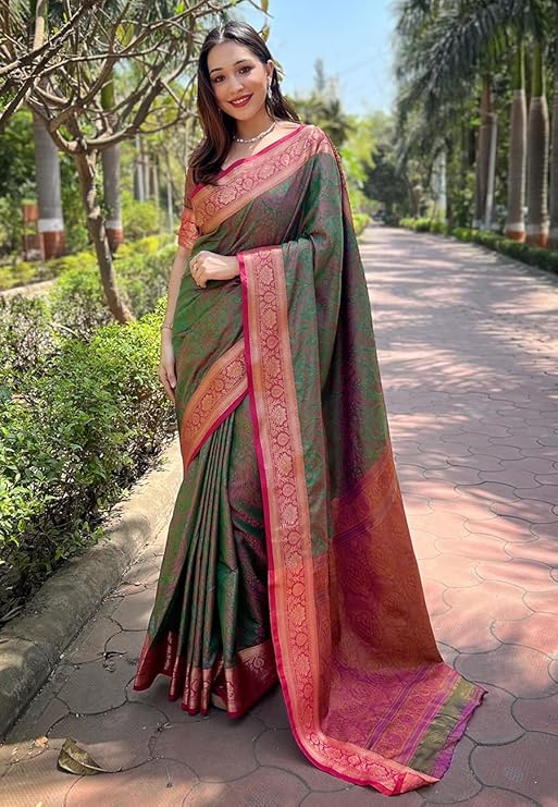 Women's Kanjivaram Pure Soft Silk Designer Saree With Blouse Piece