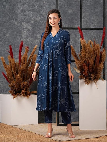 Women's Rayon Viscose Printed A-Line Kurta with Pant