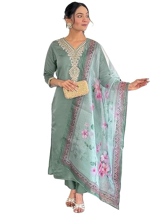 Women's Rayon Embroidered Straight Kurta with Pant and Dupatta Sets