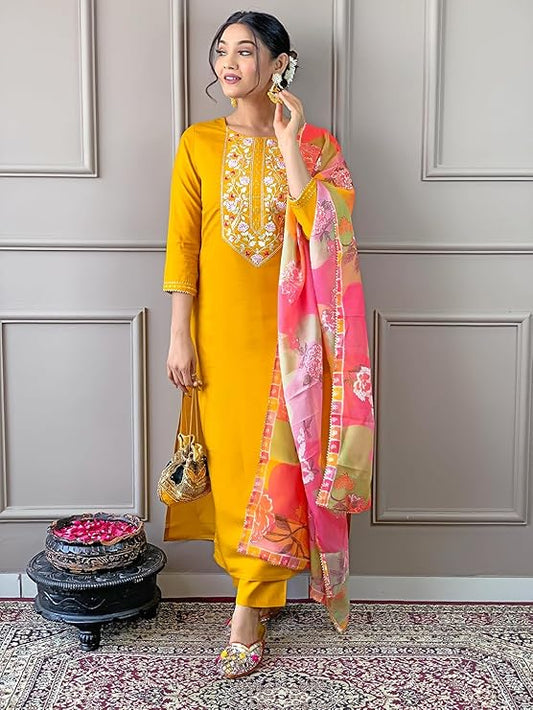 Rayon Embroidered Straight Kurta with Pant and Dupatta