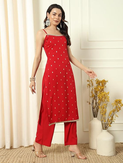 Women's Red Crepe Kurta and Palazzo Set with Matching Dupatta