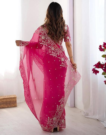Women's Organza Sequence Embroidery Saree With Unstitched Blouse Piece