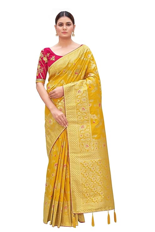 Women's Banarasi Silk Blend Zari Woven Work With Tussles Saree and Embroidered Work Blouse Piece