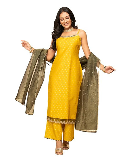 Yellow Silk Blend Straight Kurta with Palazzo and Dupatta