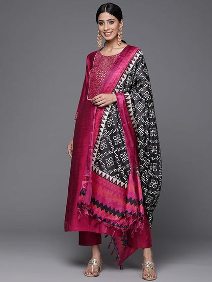 Magenta Silk Kurta Set for Women – Elegant Woven Yoke, Gota Embellishment, Elasticated Trouser, Side Slits – Stylish & Comfortable Ethnic Wear