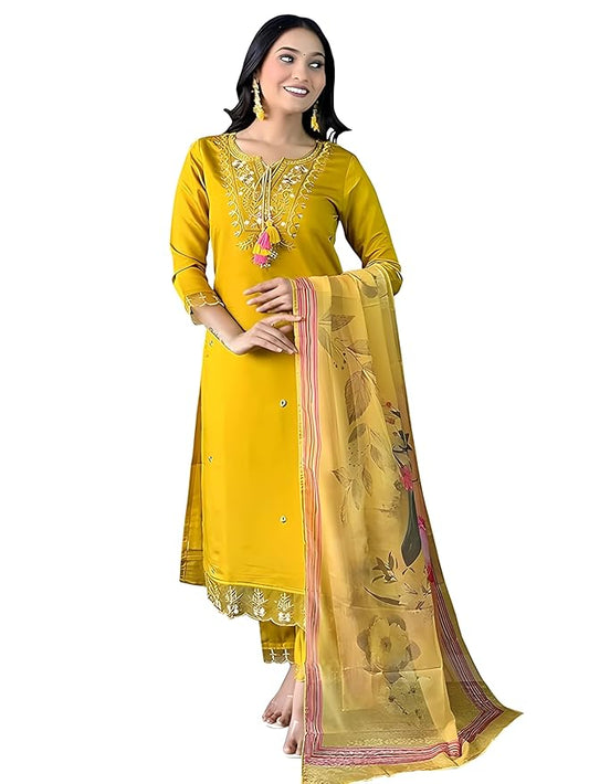 Mustard Chanderi with Cotton Lining Embroidered Straight Kurta with Chanderi Silk Pant and Crep Silk Printed Dupatta Sets