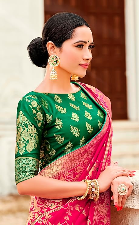 Women's Banarasi Silk Blend Woven Zari With Tussles Saree and Jacquard Woven Blouse Piece