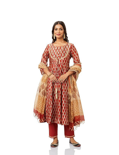 Women's Silk Chanderi Handblock Printed Authentic Kurta Set with Dupatta