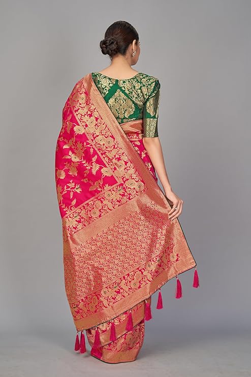 Women's Banarasi Silk Blend Woven Zari With Tussles Saree and Jacquard Woven Blouse Piece