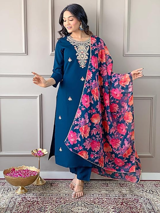Rayon Embroidered and Printed Straight Kurta with Pant and Dupatta Sets