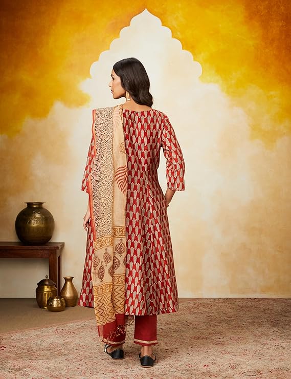 Women's Silk Chanderi Handblock Printed Authentic Kurta Set with Dupatta