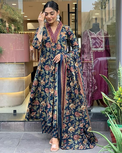 Rayon Viscose Anarkali Printed Kurta with Palazzo & Dupatta
