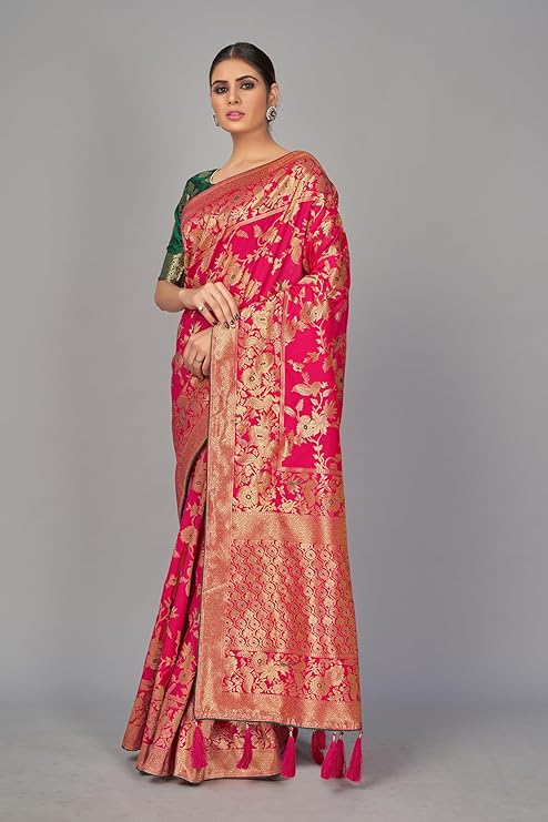Women's Banarasi Silk Blend Woven Zari With Tussles Saree and Jacquard Woven Blouse Piece