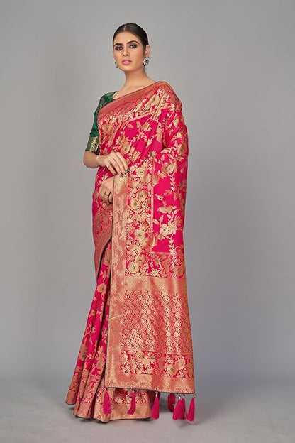 Women's Banarasi Silk Blend Woven Zari With Tussles Saree and Jacquard Woven Blouse Piece