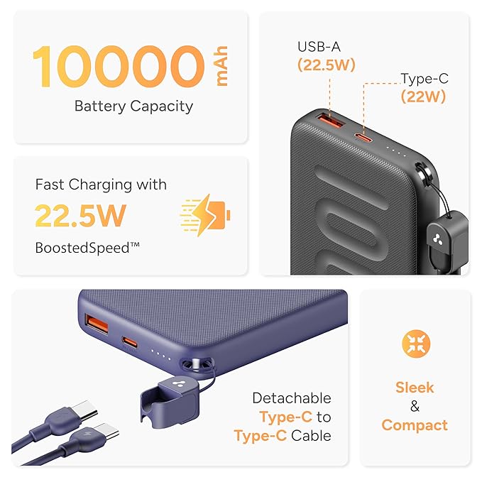 10000mAh Slim & Compact Powerbank with in-Build Type C Cable, 22.5W Fast Charging, USB & Type C Output, Power Delivery, Quick Charge for iPhone, Android & Tablets, Earbuds