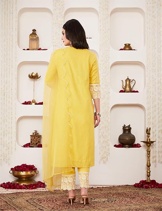 Embroidered Cotton Kurta Pant Set with Organza Dupatta