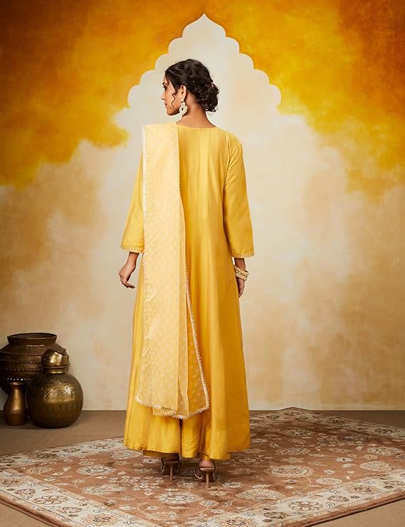 Embroidered Anarkali Kurta Pant Set with Organza Dupatta