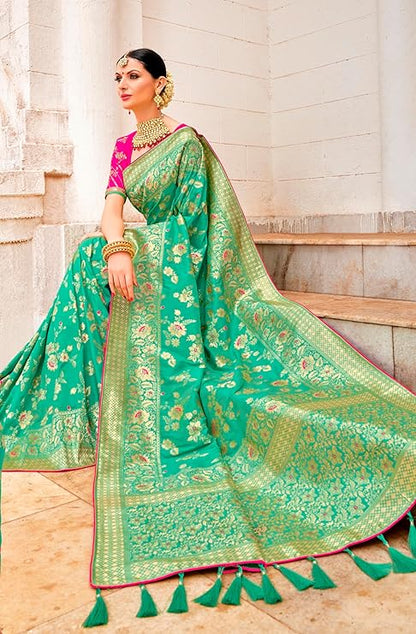 Women's Banarasi Silk Blend Zari Woven Work With Tussles Saree and Embroidered Work Blouse Piece