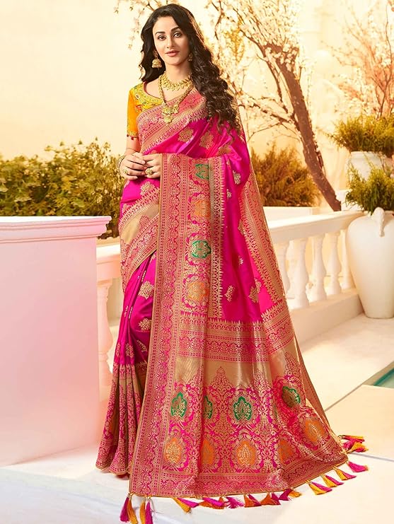 Women's Banarasi Silk Blend Woven Work Tussles Saree With Unsttiched Blouse Piece