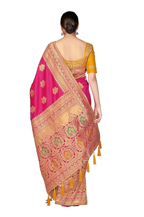 Women's Banarasi Silk Blend Woven Work Tussles Saree With Unsttiched Blouse Piece