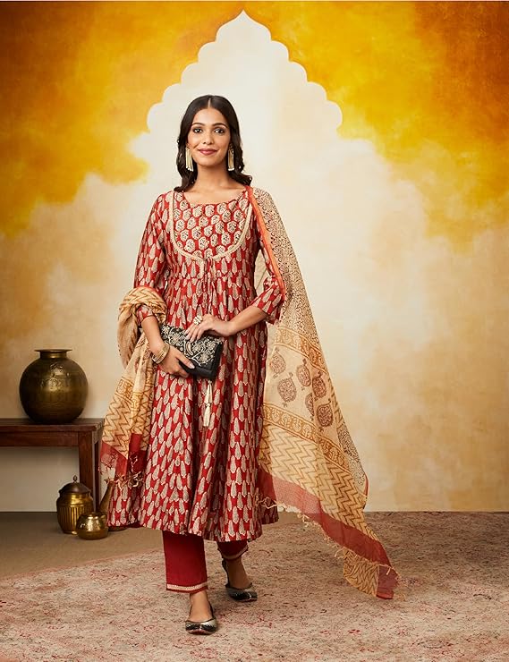 Women's Silk Chanderi Handblock Printed Authentic Kurta Set with Dupatta